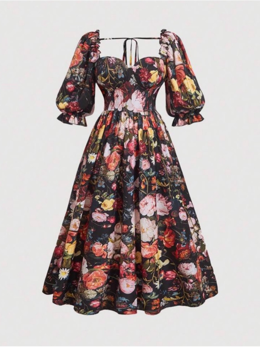 SHEIN Black Floral Puff-Sleeve Midi Dress